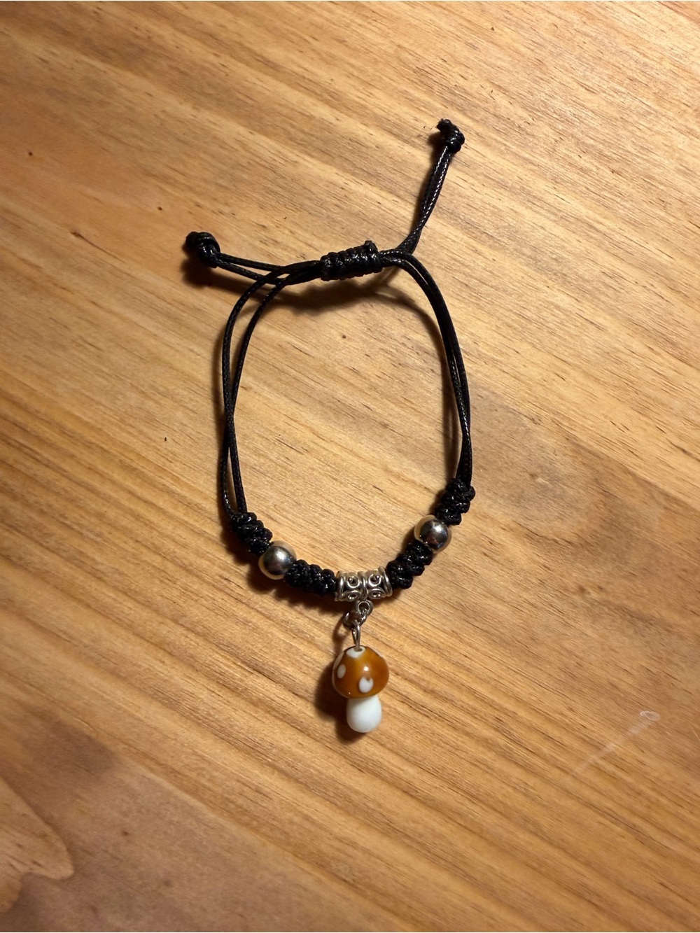 Black Cord Bracelet with Brown & White Mushroom Charm
